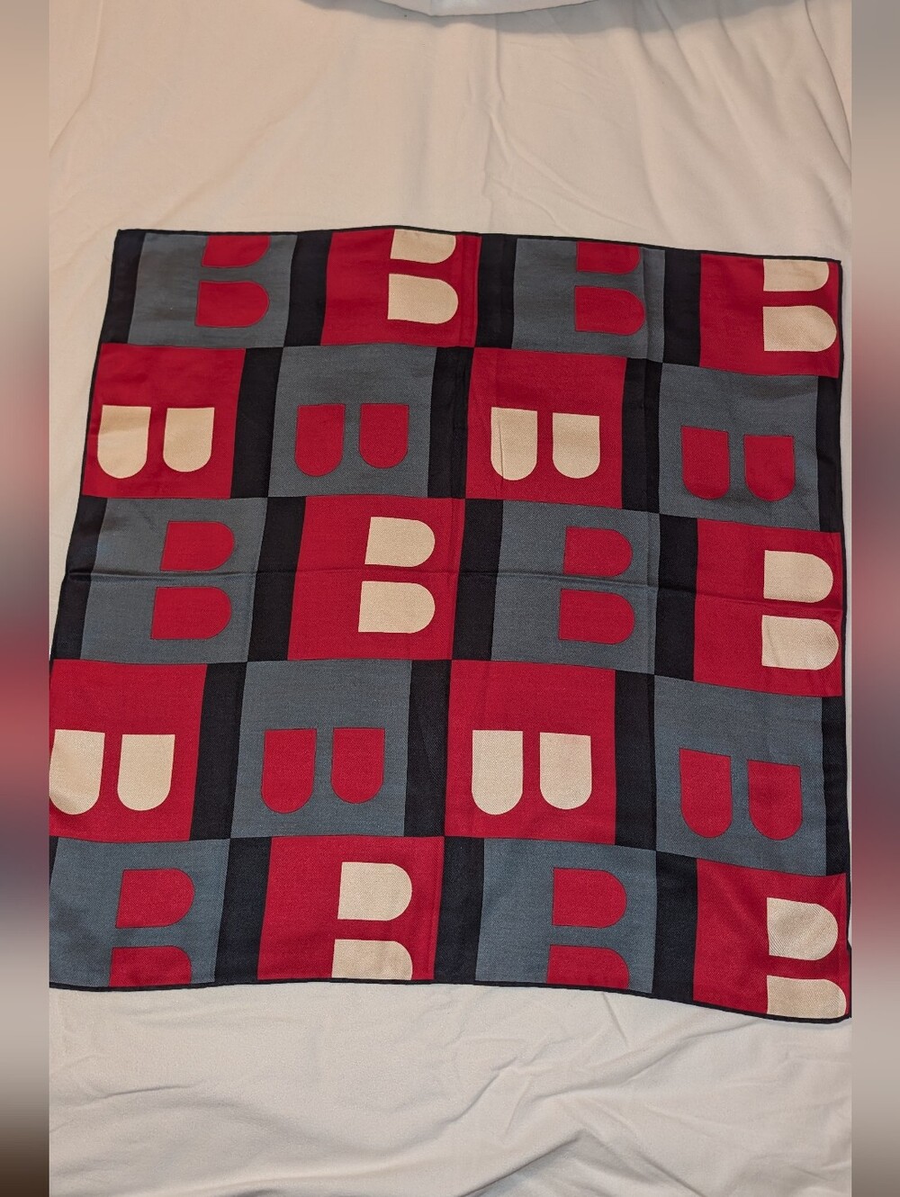 Bally Curved Block Pattern Scarf 22.5" COA Red, Navy Cream GUC